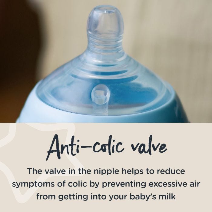 Close up of baby bottle’s nipple with text about the anti-colic valve