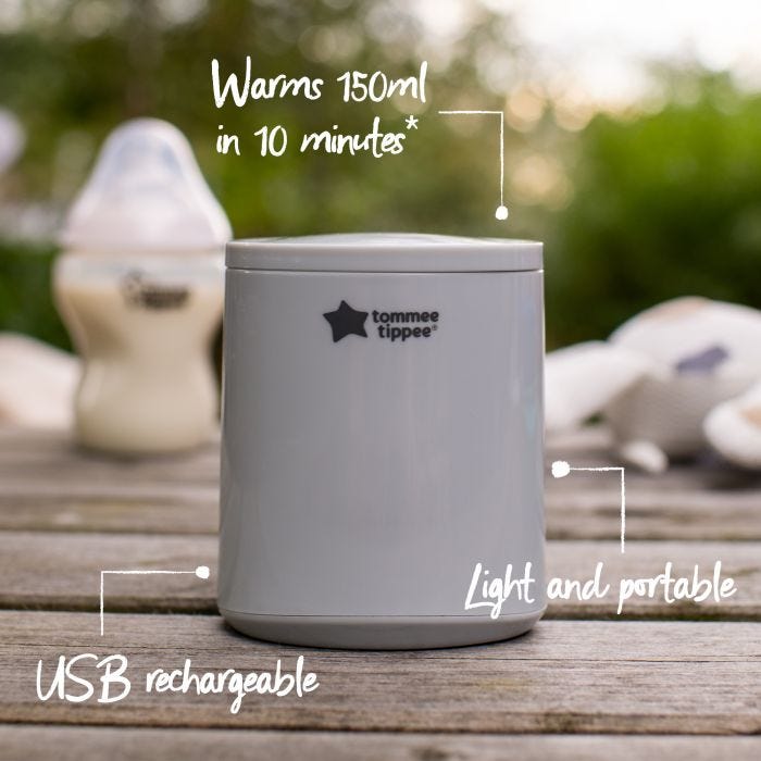 LetsGo bottle warmer on picnic bench with pointers of its key features