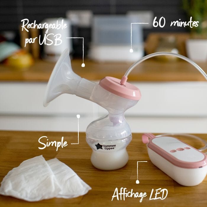 Tire-lait électrique simple avec bloc d&apos;alimentation et coussinets d&apos;allaitement avec indications des caractéristiques