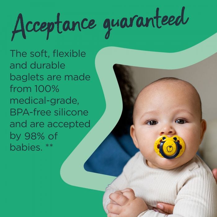 Baby with a yellow Fun Style soother in their mouth with text stating these soothers are accepted by 98% of babies.