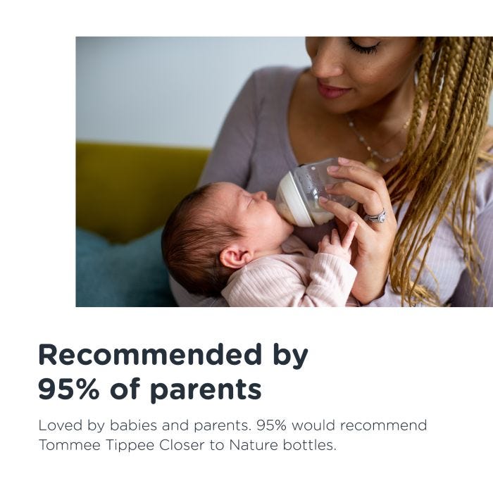 Mum holding baby on her lap with text about how our Closer to Nature bottles are recommended by parents
