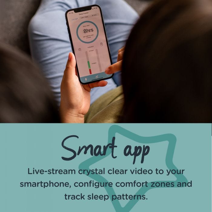 Parent holding a mobile with the smart app open on the screen. Text describing the features of the app.