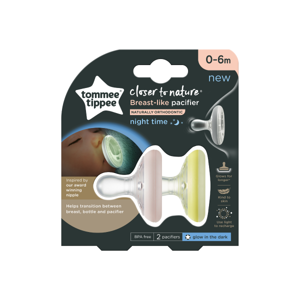 Closer to Nature Breast-like Night Time Pacifier (0-6 months), Pink &amp; Yellow - 2 pack