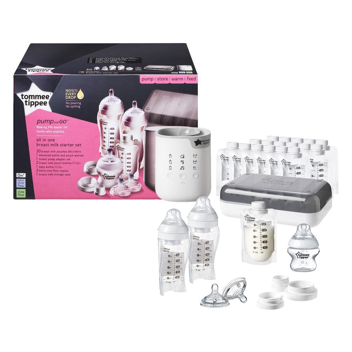 Slow Flow Nipple BPA-Free Tommee Tippee Pump and Go Breast Milk Feeding Bottle Starter Set 10 Breast Milk Pouches 