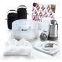 Selection of products in Bottle Feeding Away from Home Pack; including microwave steriliser, steriliser bags, travel warmer.
