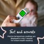 FAST AND ACCURATE Hand holding thermometer pressing the temperature button in the foreground, with baby on parents knee in the background.