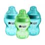 3 Closer to Nature baby bottles in green, blue and turquoise on a white background.