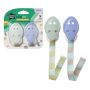 2 soother holders, 1 green and 1 blue, on a white background next to product packaging.