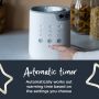 Someone pressing a button on their bottle warmer with text about the automatic timer