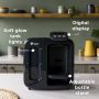 Black Perfect Prep machine on kitchen counter with pointers to its tank lights, digital display and adjustable bottle stand