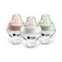 3x 150ml Closer to Nature baby bottles with green, cream and pink screwrings on a white background.