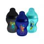 3x 260ml black, blue and turquoise Closer to Nature baby bottles on a white background.