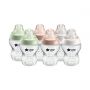 6x 260ml Closer to Nature baby bottles with green, cream and pink screwrings on a white background.