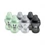 6x 260ml Ollie, Pip and rainbow decorated Closer to Nature baby bottles in green, grey and black on a white background.