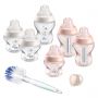 Clear and pink Closer to Nature Baby Bottle Starter Set with 6x bottles, brush, 1x soother on a white background.