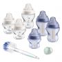 Clear and blue Closer to Nature Baby Bottle Starter Set with 6x bottles, brush, 1x soother on a white background.