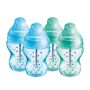 4x 9fl oz blue and green Advanced Anti-Colic baby bottles on a white background.
