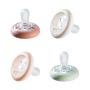 4 pack of Breast-like pacifier in various colours on a white background.