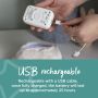 Battery pack being plugged into cable next to text stating that it is USB rechargeable.