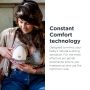 Mom breastfeeding from one breast and using the wearable pump on the other above text about ConstantComfort technology