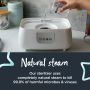 Someone pouring water into the base of their Steridryer with text about how it uses natural steam to kill viruses
