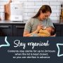 Woman feeding her baby in the kitchen with a Steridryer behind her and text about staying organized