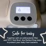 Close up of Perfect Prep’s digital display screen with text about how it’s safe for your baby