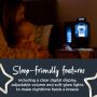 Black Perfect Prep machine on bedside table at nighttime with text about its sleep-friendly features