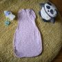 The Original Grobag Earth Grape Easy Swaddle overhead shot with grofreind and closer to nature bottle