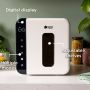 White UV steriliser on kitchen counter with pointers to its digital display, multiple modes and adjustable shelves