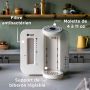 Machine Perfect Prep blanche sur un comptoir de cuisine avec des flèches vers son filtre, son support et sa molette réglables