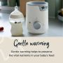 Easiwarmer next to filled baby bottle with text about gentle warming