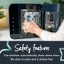 Someone removing the adjustable shelf from their UV steriliser with text about its safety features