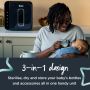 Mum feeding baby in front of UV steriliser with text about its 3-in-1 design