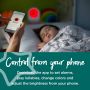Toddler sleeping while mum looks at app on her phone with text about how you can control the clock from your phone