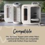 Both Tommee Tippee Perfect Prep machines on a kitchen counter with text about how the replacement filter is compatible with both