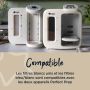 Tommee Tippee et Perfect Prep sur un comptoir de cuisine avec un texte sur la compatibilité du filtre de rechange avec les 2