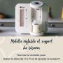 Machine Perfect Prep blanche sur un comptoir de cuisine avec texte portant sur sa molette et son support réglables