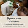 Maman appuyant sur le bouton d&apos;alimentation de son Perfect Prep avec texte portant sur la rapidité de la préparation