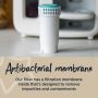 Replacement filter on a kitchen counter with text about its antibacterial membrane