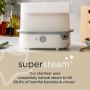 Electric steam steriliser with text about how it uses 100% natural steam to sterilise