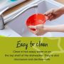 Someone cleaning their Easi Scoop bowl in water with text about how it’s easy to clean