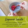 Mum scooping food from her bowl with text about the ergonomic handle