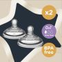 2x Advanced Anti-Colic nipples on a beige and black background with roundels stating x2, 3m+ slow flow, BPA free.