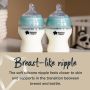 2x anti-colic baby bottles on a white bench with text below describing the breast-like nipple that feels closer to skin.