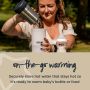 Woman pouring hot water from the flask into the base while at the park above text about on-the-go warming