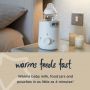 Baby bottle placed inside Easi-Warm warmer with text about how it warms feed fast