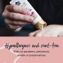 Person squeezing nipple cream onto their hand with text about how it’s hypoallergenic and scent free