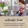 Mom removing baby bottle from Easi-Warm warmer with text about the automatic timer