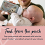 Dad using the pouch holder to feed baby with text about feeding directly from the pouch